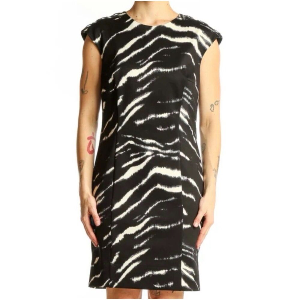 Michael Kors Black & White Zebra Print Sleeveless Sheath Lace Up Shoulder Dress